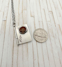 Load image into Gallery viewer, Sterling Silver Book with Our Town quote and Sunstone (one page)