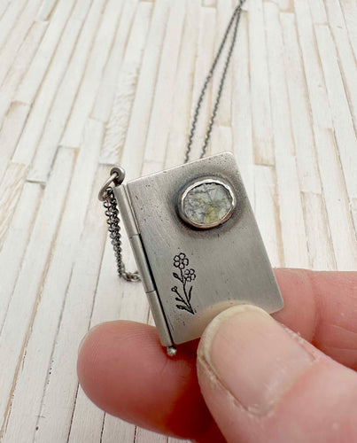 Rustic Sterling Silver Book with Our Town quote and Aquamarine (one page)