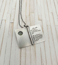 Load image into Gallery viewer, Rustic Sterling Silver Book with Our Town quote and Aquamarine (one page)
