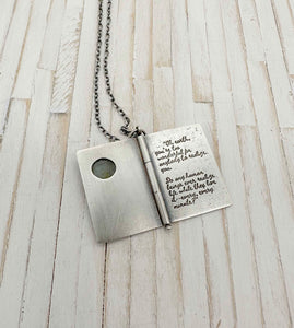 Rustic Sterling Silver Book with Our Town quote and Aquamarine (one page)