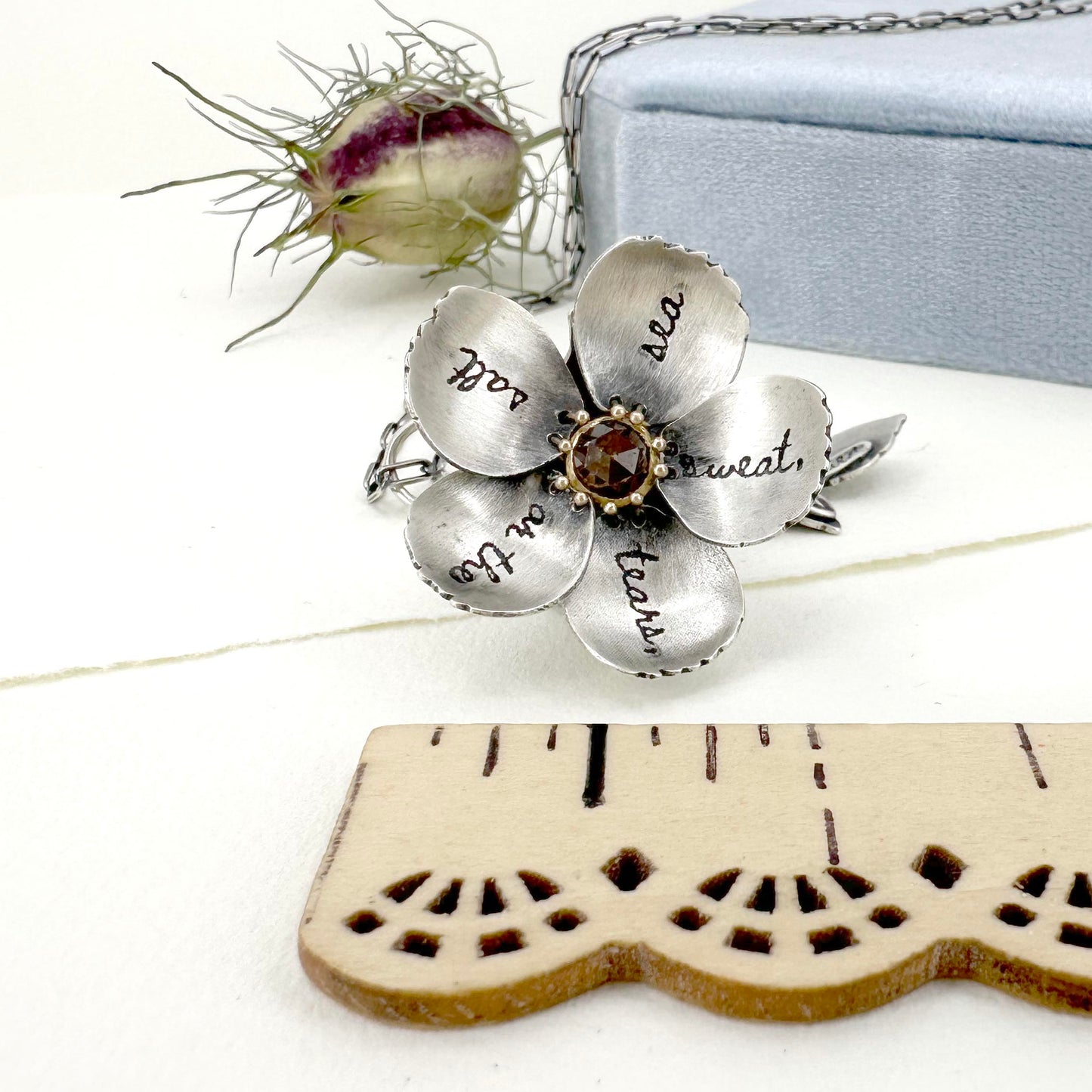 Wild Rose with Rust Red Diamond, 14k and 22k gold Kinetic Locket