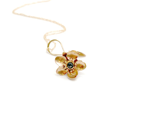 Tiny 14k and 22k Gold Kinetic Flower with blue Diamond