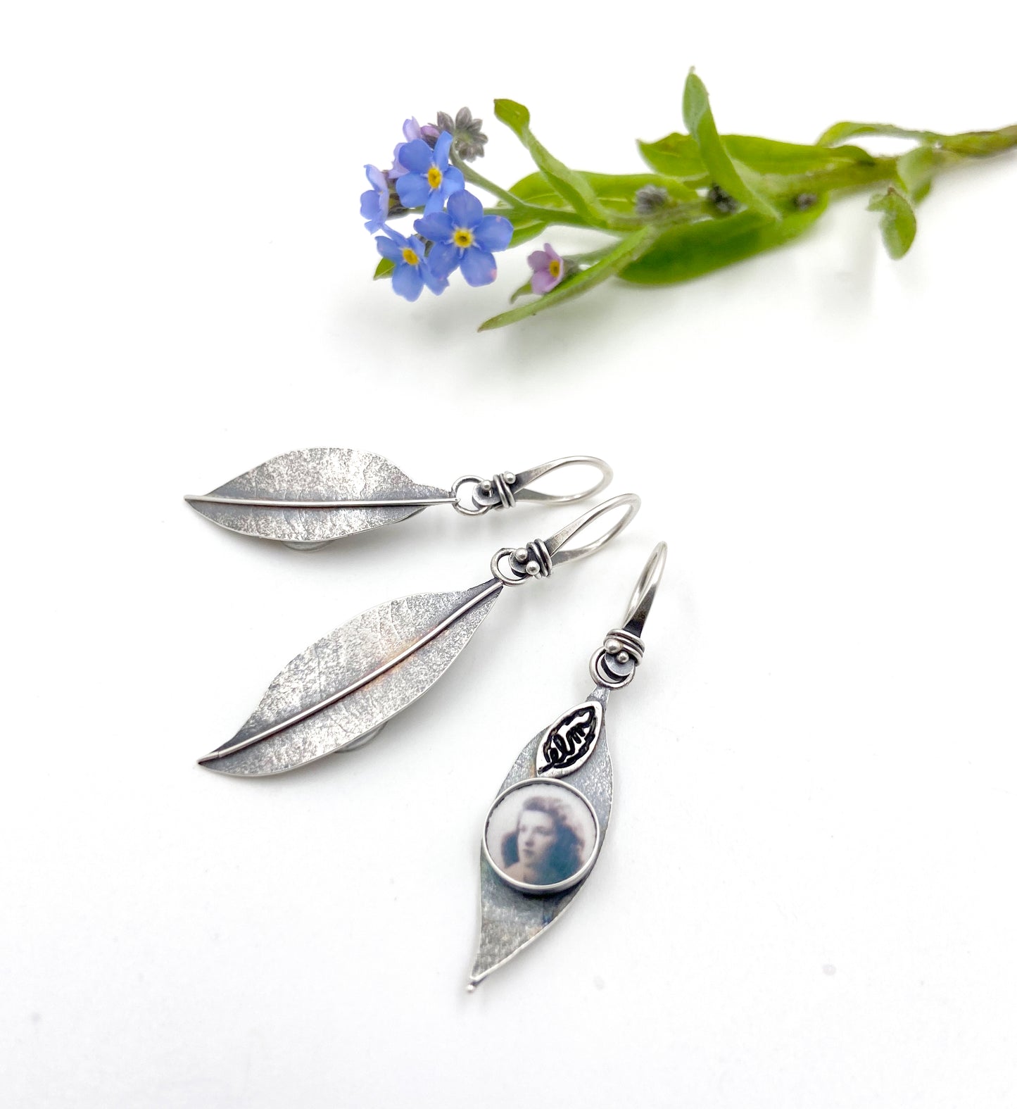 Sterling Forget Me Not Leaves with Photo